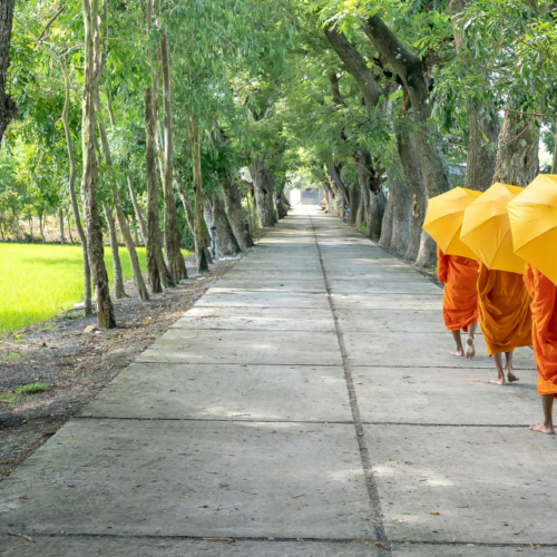 Monks walking by foot