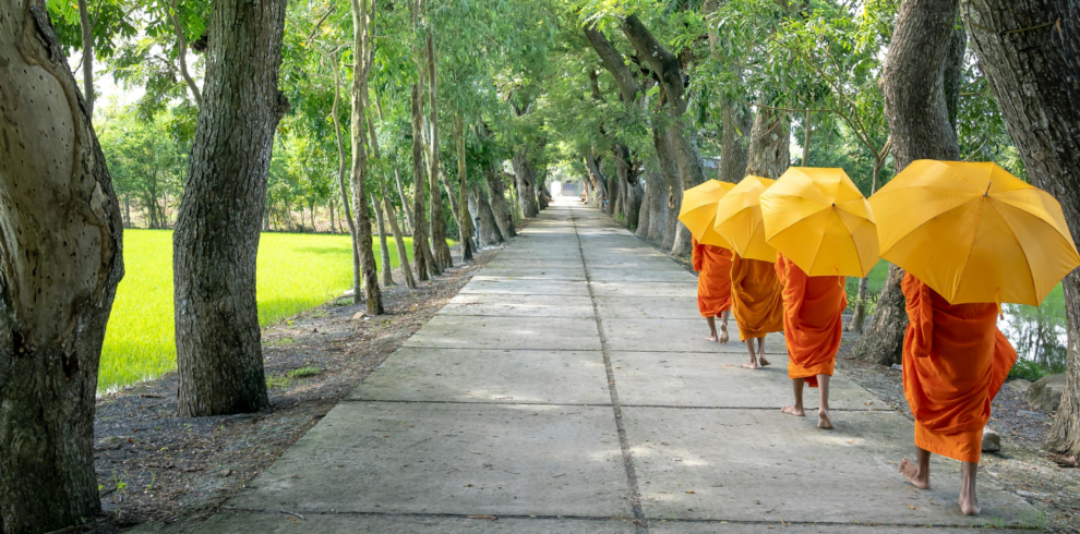 Monks walking by foot